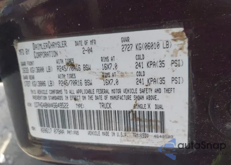 2004 Dodge Dakota Slt from USA, damaged, VIN 1D7HG48NX4S649522